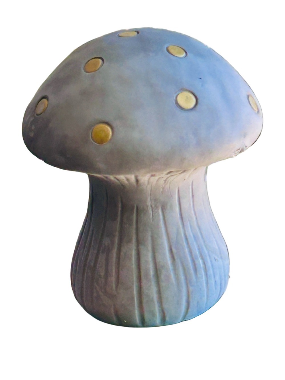 Weighty 10” Large Mushroom Cement Cast Gold Polka Dots Garden Sculpture